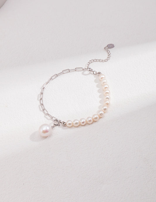 Silver Bracelet – Half Chain, Half Natural Pearl