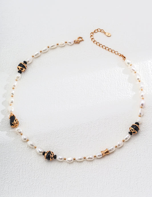 Sterling Silver Pearl & Black Onyx Jewelry Necklace
