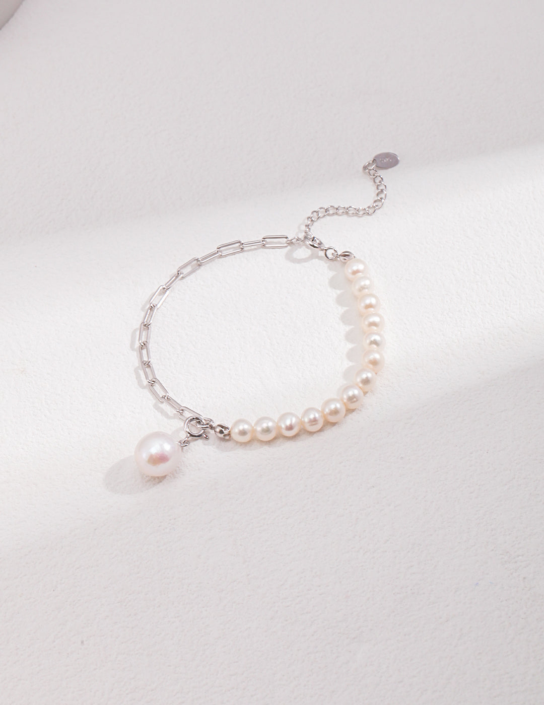 Silver Bracelet – Half Chain, Half Natural Pearl