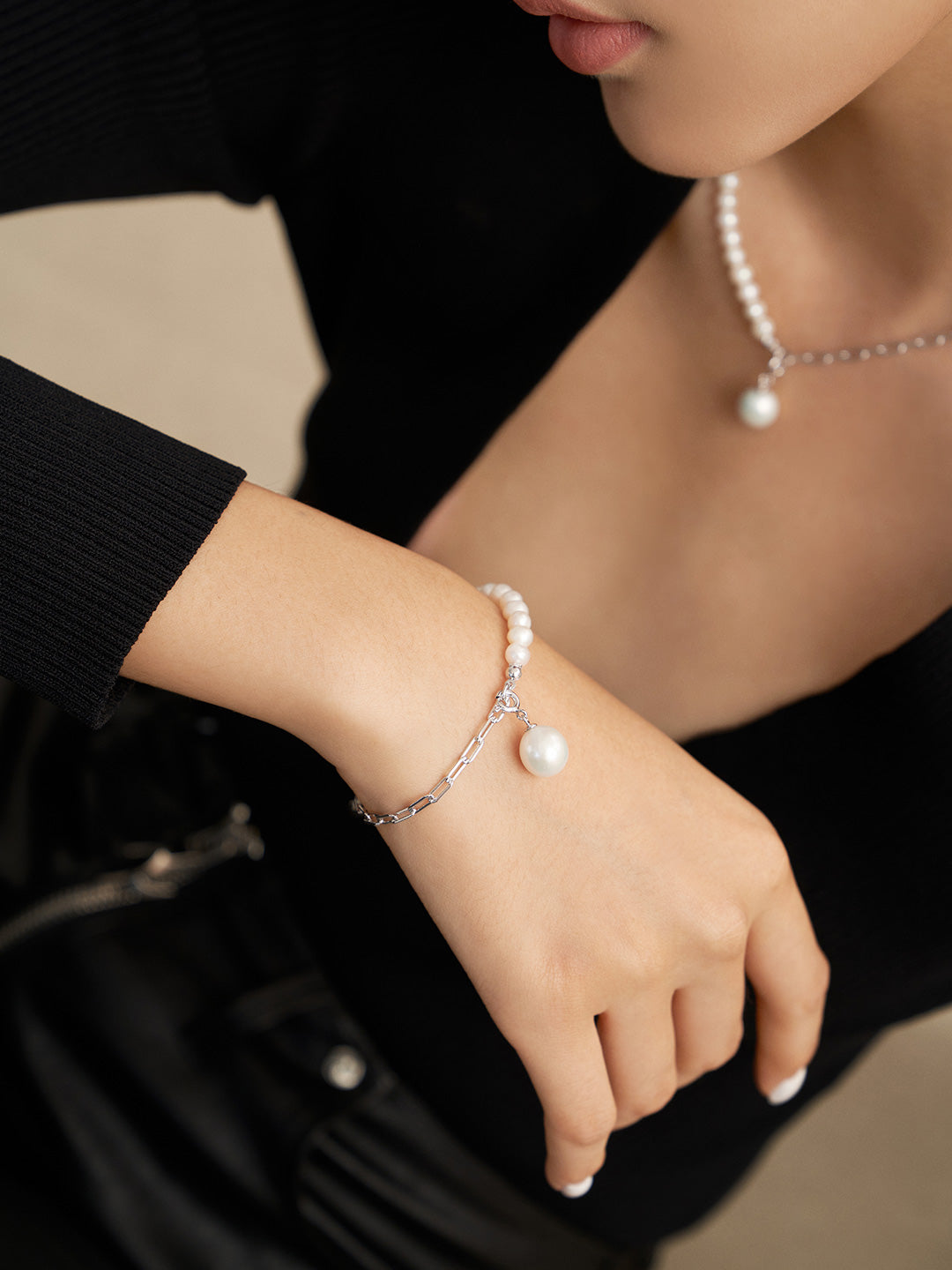 Silver Bracelet – Half Chain, Half Natural Pearl